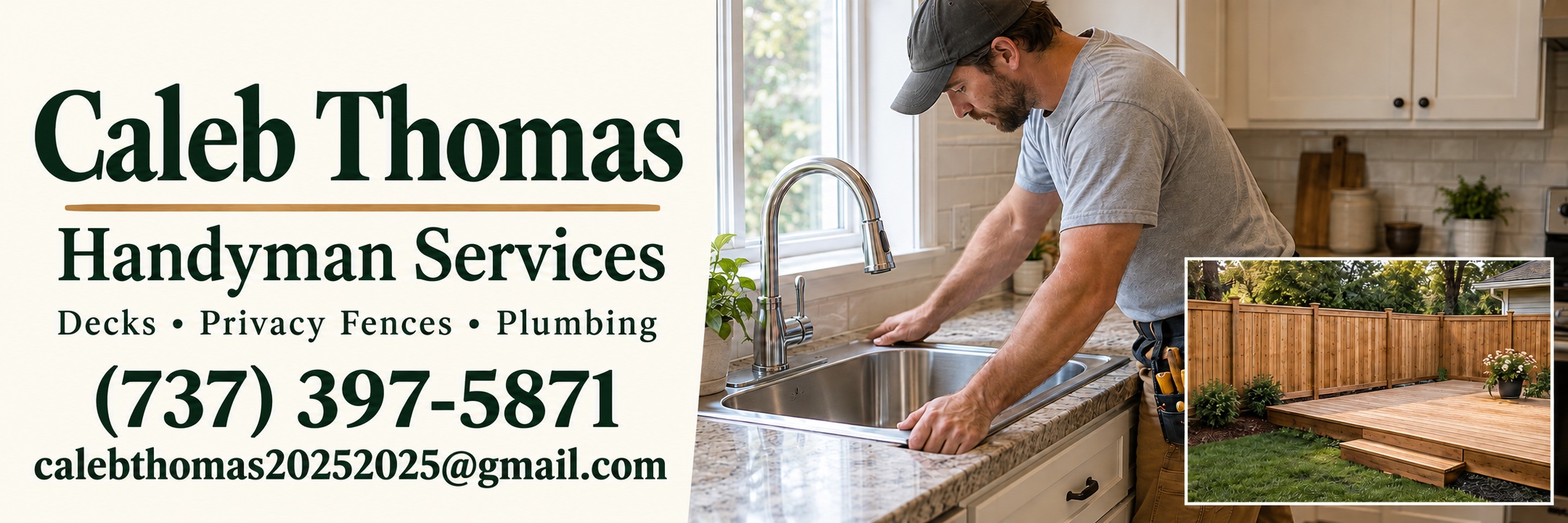 Cream banner · contact details for Caleb Thomas Handyman Services with phone (737) 397-5871 and email calebthomas20252025@gmail.com