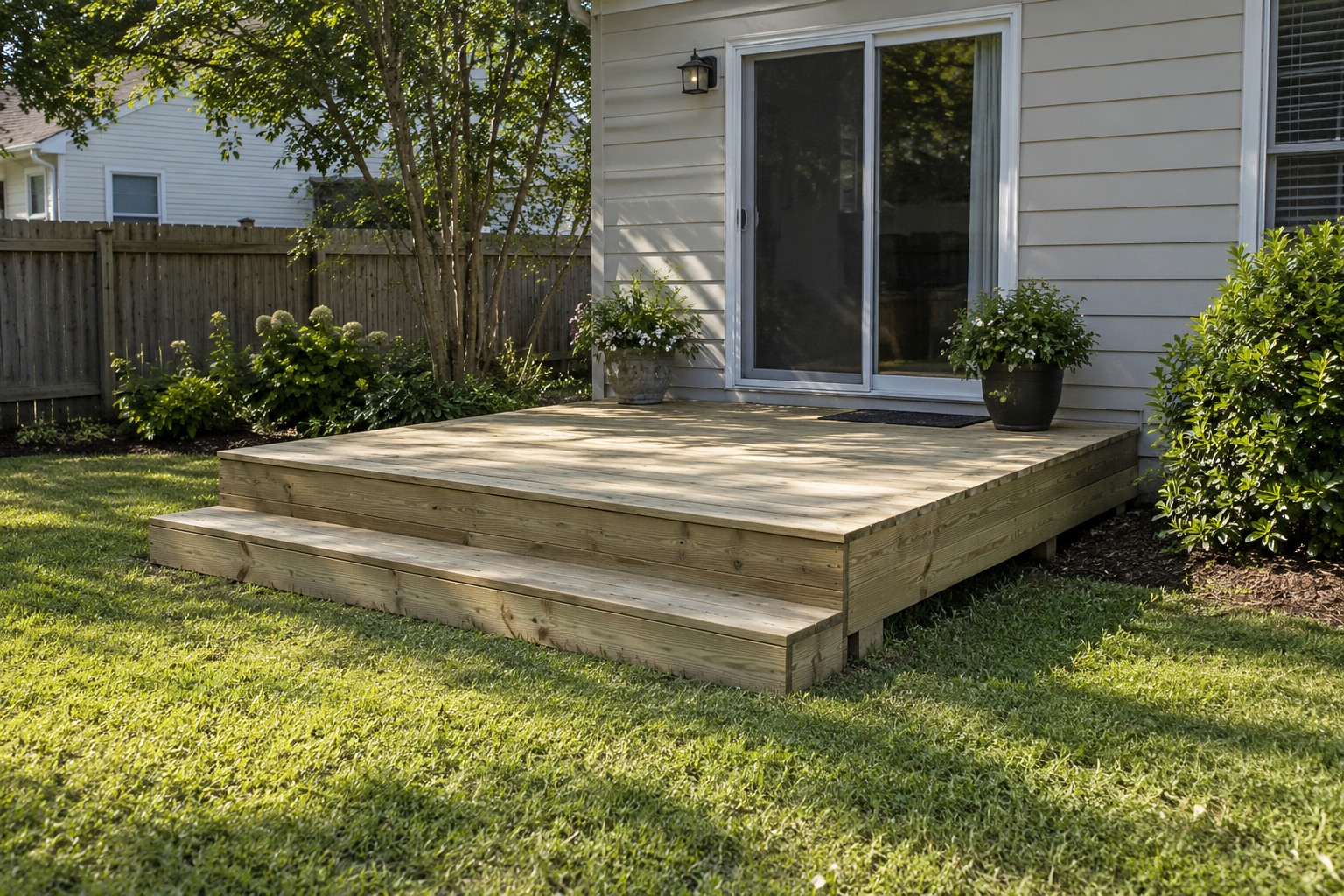Simple low wood platform in a residential yard