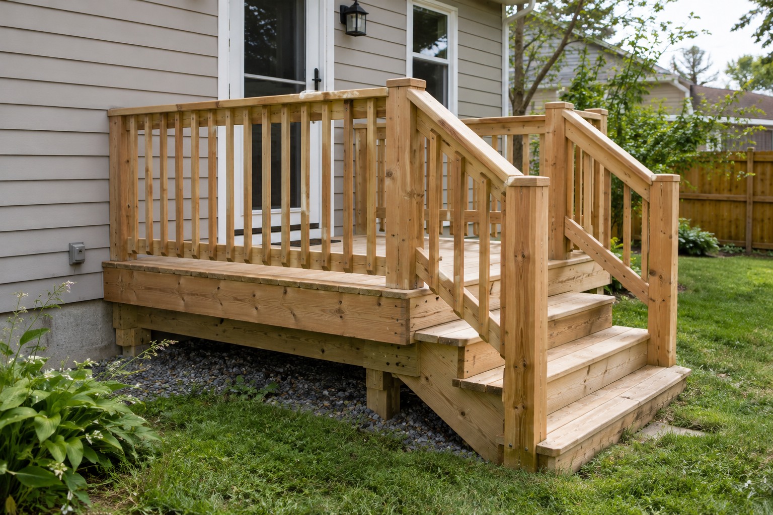 Illustrative wood deck with steps and railing